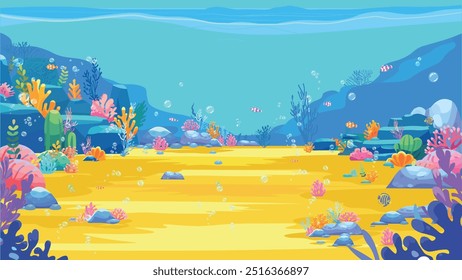 Underwater cartoon background. Undersea with corals and seaweed, sea bottom, seabed vector illustration flat design solid colors