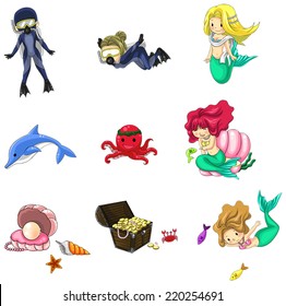 Underwater cartoon characters and objects collection icon set, create by vector