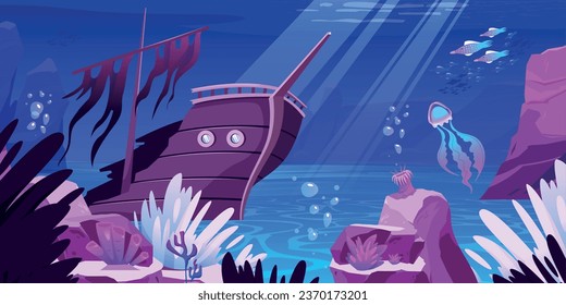 Underwater cartoon colored poster with destroyed sunken wooden boat on seabed surrounded by corals and marine inhabitants flat vector illustration