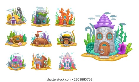 Underwater cartoon fairy house buildings for game assets, vector undersea home dwellings. Mermaid fish or marine creature houses in coral reef, wooden boat, shell and pot home with doors and windows