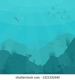 Underwater cartoon flat background with fish silhouette, seaweed, coral. 