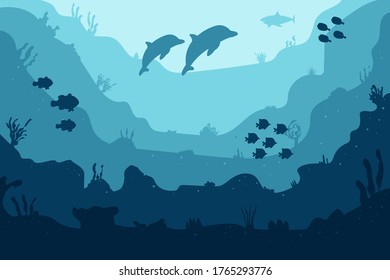 Underwater cartoon flat background with fish silhouette, seaweed, coral. Ocean sea life, cute design. Vector illustration