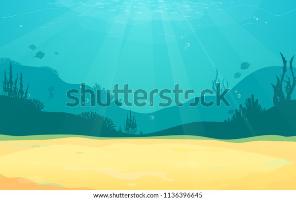 魚のシルエット 砂 海藻 珊瑚を持つ水中のアニメの平らな背景 海の生活 かわいいデザイン ベクターイラスト のベクター画像素材 ロイヤリティフリー