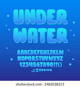 Underwater Cartoon Font. Deep Ocean Alphabet. Blue Gradient Vector Letters and Numbers.