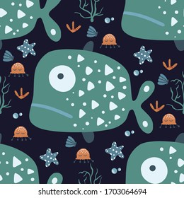Underwater cartoon funny fish seamless animal vector pattern. Ornate kid sea illustration in a flat style. Tropical ocean cute summer background.