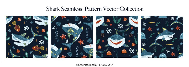 Underwater cartoon funny shark fish seamless animal vector pattern set. Ornate kid sea illustration in a flat style. Tropical ocean cute summer background collection.