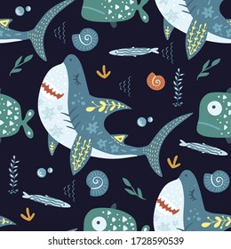 Underwater cartoon funny shark fish seamless animal vector pattern. Ornate kid sea illustration in a flat style. Tropical ocean cute summer background.