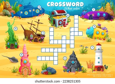 Underwater cartoon house buildings. Crossword quiz game grid. Kids vocabulary puzzle or riddle, wordsearch crossword vector worksheet with submarine, sea shell, lighthouse and sunken ship dwellings