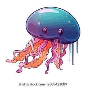 Underwater cartoon jellyfish with tentacles icon isolated