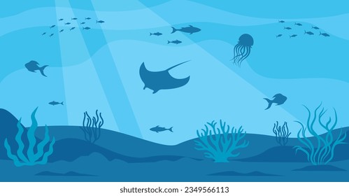 El paisaje submarino de caricaturas. El fondo del mar. Ballena. Pescado, plantas, medusas. Ilustración del vector