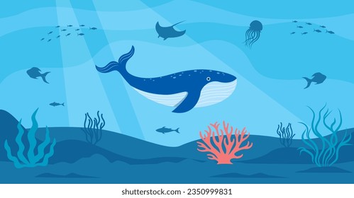 Underwater cartoon landscape. The bottom of the sea. Cute whale. Fish, plants, jellyfish. Vector illustration