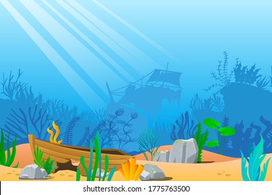 Underwater cartoon landscape. Sea bottom with underwater plants, corals and fishs. Nature scene background color. Vector illustration 