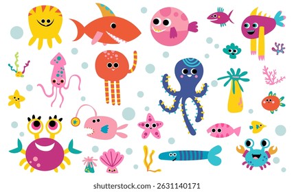 Underwater cartoon ocean fish animal life. game vector set Marine whale octopus vector illustration aquarium set.