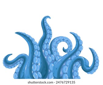 Tentáculos de pulpo de dibujos animados subacuáticos en el borde del marco. Miedo monstruo kraken agitando las manos en el fondo del mar, fantasía pulpo animales piernas. Patrón tribal de dibujos animados con Ilustración vectorial de calamares de aguas profundas