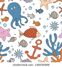 Underwater cartoon  pattern with octopus, anchor, starfish and fish. Cute hand drawn vector illustration