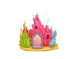 Underwater Cartoon Red Coral House Building. Vector Adorable Princess Mermaid Home, Fairy Tale Dwelling In Reef With Shell Door, Chair And Seaweeds At Front Yard On Sea Bottom. Fantasy Architecture