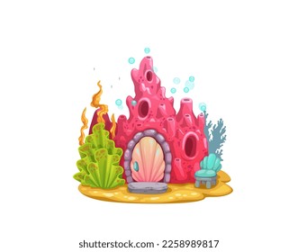 Edificio de la casa de coral rojo con dibujos animados submarinos. Vector adorable casa de sirena princesa, cuento de hadas habitando en arrecife con puerta de concha, silla y algas en el patio delantero en el fondo del mar. Arquitectura fantástica