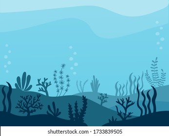 Underwater cartoon scene. Ocean bottom under sea with algae, seaweed, coral reefs, grass, plants. Vector illiustration background landscape. Beautiful deep marine.