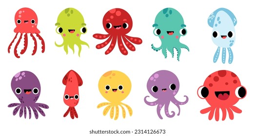 Underwater cartoon simple world octopus smiling happy characters game vector. Printable worksheet page nursery childish activity playful fish, seashell shark, starfish, crab, squid