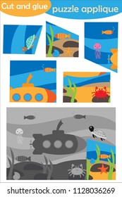 Underwater in cartoon style, education puzzle game for development of preschool children, use scissors and glue to create the applique, cut parts of the image and glue on paper, vector illustration