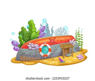 Caricatura submarina hundió el edificio de la casa de un barco. Vector oxidado barco hacia arriba con ojo de buey, soya y puerta con red de pescado, valla de madera, corales y algas alrededor. Cuidada casa de fantasía de cuento de hadas