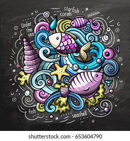 Underwater cartoon vector doodle illustration. Chalkboard colorful detailed design with lot of objects and symbols. All elements separate