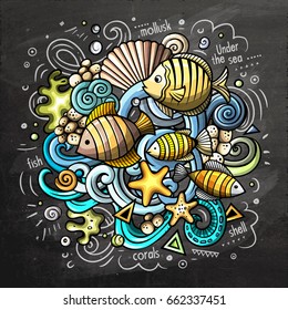 Underwater cartoon vector doodle illustration. Chalkboard colorful detailed design with lot of objects and symbols. All elements separate