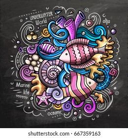 Underwater cartoon vector doodle illustration. Chalkboard colorful detailed design with lot of objects and symbols. All elements separate