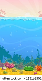 Underwater cartoon vertical illustration. Sea bottom, vector.
