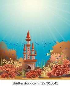 Underwater castle and colorful coral reef with tropical fishes. Vector seascape illustration.