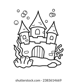 Underwater Castle. Coloring page, coloring book page. Black and white vector illustration.