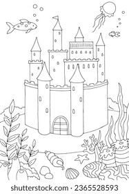 Underwater castle graphic sea black white vertical sketch illustration vector 