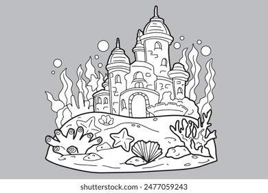 Underwater castle, underwater sea, bastion, nest, sea
line drawing, wear white
hand drawn line illustration coloring book