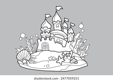 Underwater castle, underwater sea, bastion, nest, sea
line drawing, wear white
hand drawn line illustration coloring book