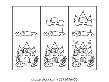 Underwater Castle. Step by step drawing. Coloring page, coloring book page. Black and white vector illustration.