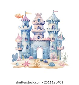 ilustração de vetor de castelo subaquático em estilo aquarela