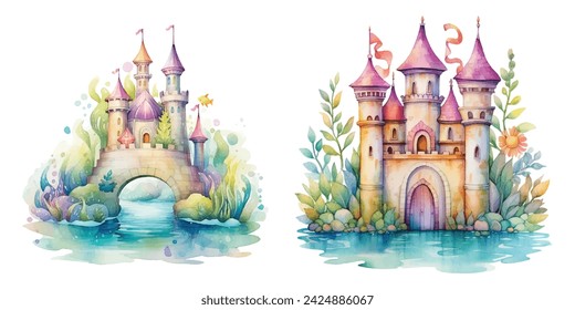 underwater castle watercolor vector illustration