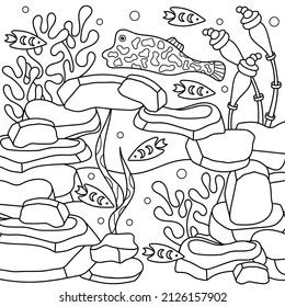 Underwater Cave coloring page. Fishes, animal sponges and deep plants. Hand drawn vector illustration. Sea landscape coloring book for adult and older children