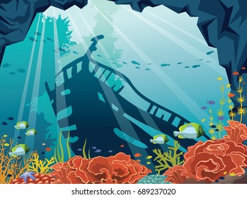 Underwater cave with coral reef, school of fish and silhouette of sunken old ship on a blue sea. Vector illustration. Marine wildlife.