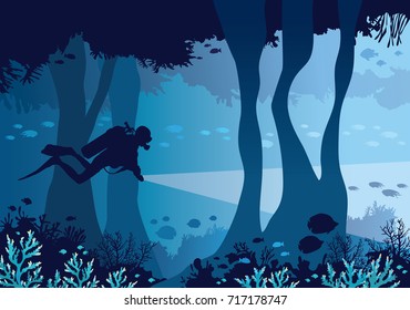 Underwater cave with coral reef, school of fishes and silhouette of scuba diver on a blue sea background. Vector nature illustration. 