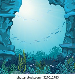 Underwater Cave And Coral Reef With Silhouette Of Fish On A Blue Sea Background. Nature Vector Illustration.