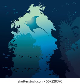 Underwater cave with coral reef and silhouette of manta on a blue background. Vector illustration with tropical sea.Seascape with marine life.