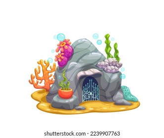 Underwater cave, grotto or mainsail house building. Vector fantasy dwelling, mermaid or fish home inside of rock with forged gates, seaweeds and colorful corals undersea vegetation on sea bottom