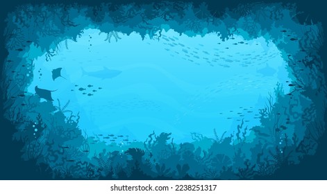 Underwater cave landscape. Coral, manta ray and fish shoal vector background with sea plants and animals. Shark, seaweeds and coral silhouettes in ocean cavern. Water aquatic marine tropical life