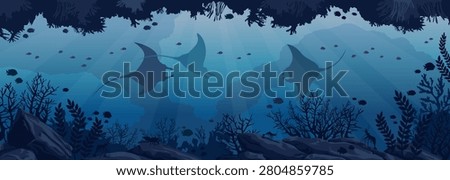 Underwater cave with mantas ray, coral and fishes. Vector illustration with marine life. Seascape image.