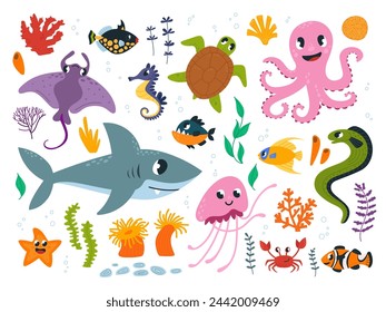 Underwater characters. Sea life, ocean animals, fish and seaweed. Cartoon shark and turtle, octopus, marine star and seahorse, classy vector set