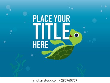 Underwater children book drawing/Turtle and seaweed illustration/Children storybook cover/Under the sea vector art/Deep blue sea graphics