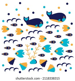 Underwater children's print. Cartoon fish, whales and the underwater world. Colorful vector background in cartoon style. Design for clothes, bags, stationery