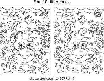 Underwater Christmas or New Year celebration party difference game and coloring page with crab and funny scene of sea life

