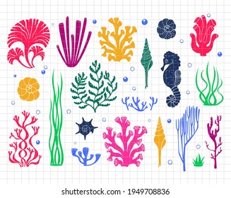 Underwater clip art with corals, seaweeds, shells and seahorse. Sea and ocean life. Silhouette vector flat illustration. Cutting file. Suitable for cutting software. Cricut, Silhouette